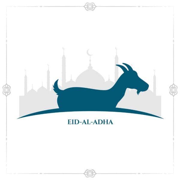 Silhouette of a goat with Eid al-Adha text below, set against a mosque skyline. This donation supports Muslim relief efforts through crypto, potentially via XRP.