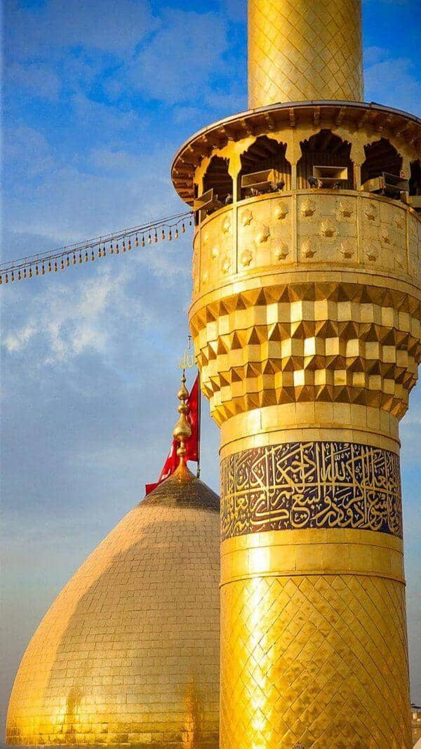 Golden dome and minaret of an Islamic shrine against a blue sky with clouds. Crypto donations to Islamic Relief accepted via USDT.