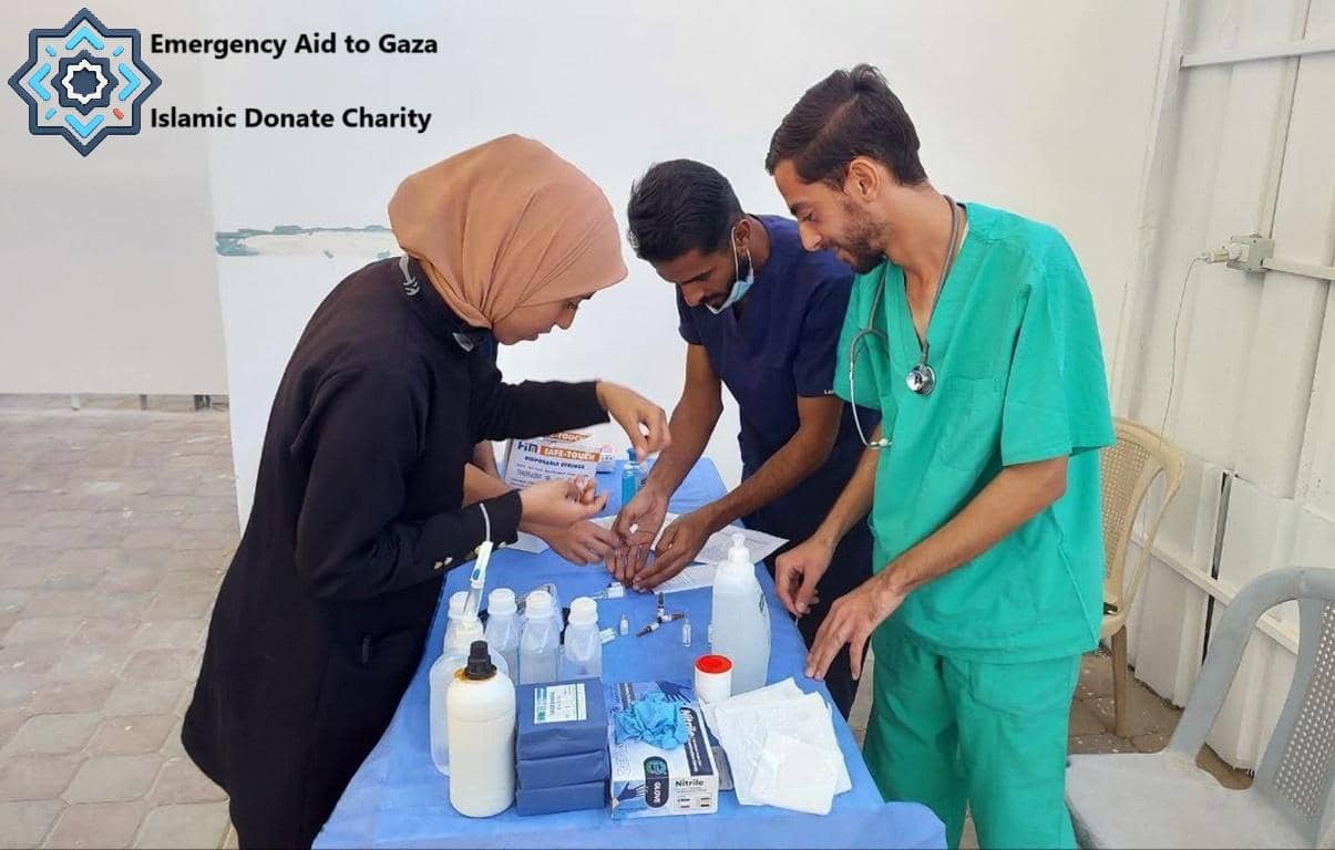 Medical professionals administer aid in Gaza, supported by crypto donations. A team prepares medical supplies, highlighting fast and secure global giving with Ethereum.