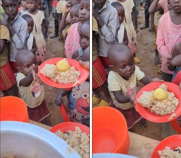 Children receiving food aid in a crisis zone, with donations supported by ETH crypto. Key phrases: fight hunger, food aid, crypto donations, vulnerable children, immediate relief.