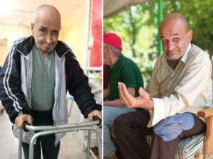 Elderly man with walker and seated elderly man in outdoor setting, representing support for the elderly and disabled with crypto donation, featuring SOL.