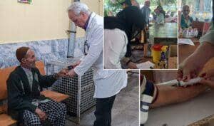 Medical professional checks an elderly man's vitals while showing scenes of healthcare support in camps. Donate with ETH for general healthcare services, maternal health, and orphan care.