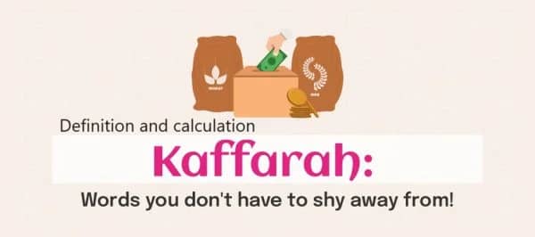 Kaffarah donation using cryptocurrency like ETH, includes bags of wheat and rice for charity, and a donation box with money.