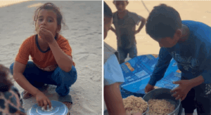 Children receiving food donations made with USDT for Kaffarah obligations, emphasizing spiritual purification and aid to the needy.