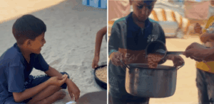 Children receiving relief in Gaza through crypto Zakat donations, featuring a boy eating and another receiving a ladle of food from a pot, supported by ETH.