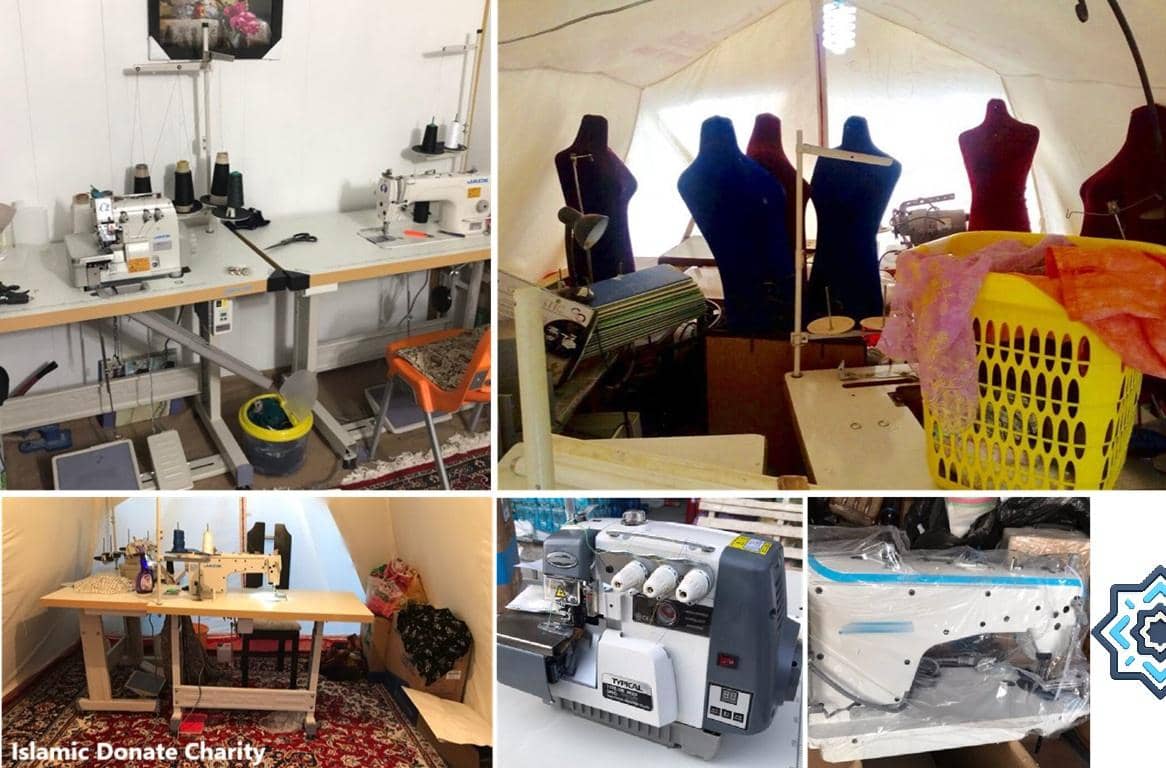 Layout showcasing sewing machines and mannequins, symbolizing skills training for women to gain economic independence, with donations potentially supported by ETH.