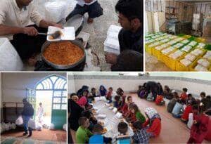 Zakat al-Fitr distribution involves people serving food and crates of meals ready for delivery, supporting the poor with crypto like SOL donations.