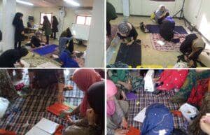 Women in a classroom setting participating in a sewing workshop, learning to create reusable sanitary pads aided by cryptocurrency donations via XRP.
