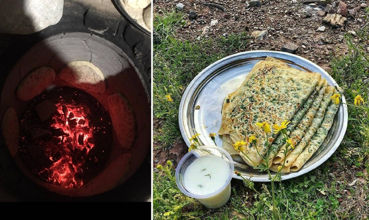 Freshly baked flatbreads cook in a tandoor oven alongside a plate of herb-filled crepes and a drink, symbolizing support for women’s economic empowerment through crypto donations via ETH.