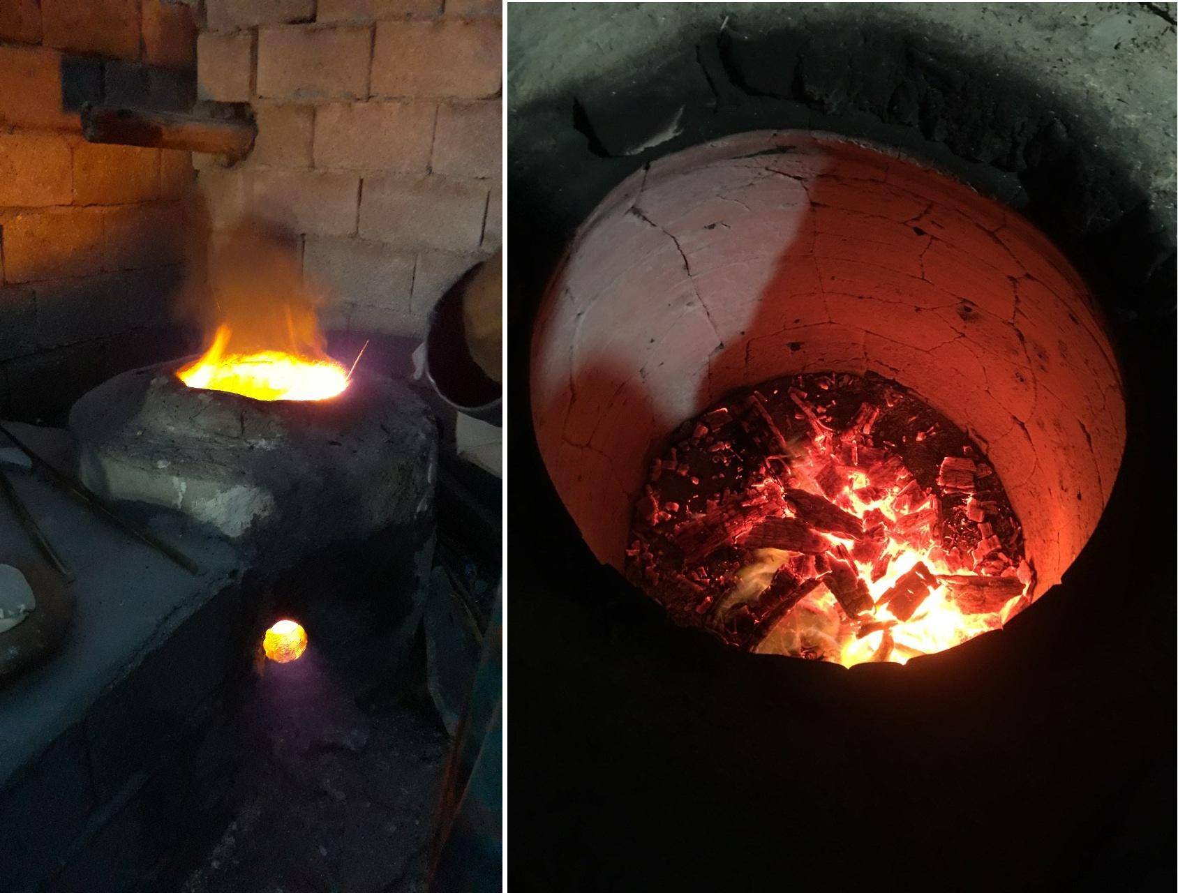 A clay oven burning embers and fire, symbolizing warmth and sustenance for women, supported by crypto donations such as ETH.