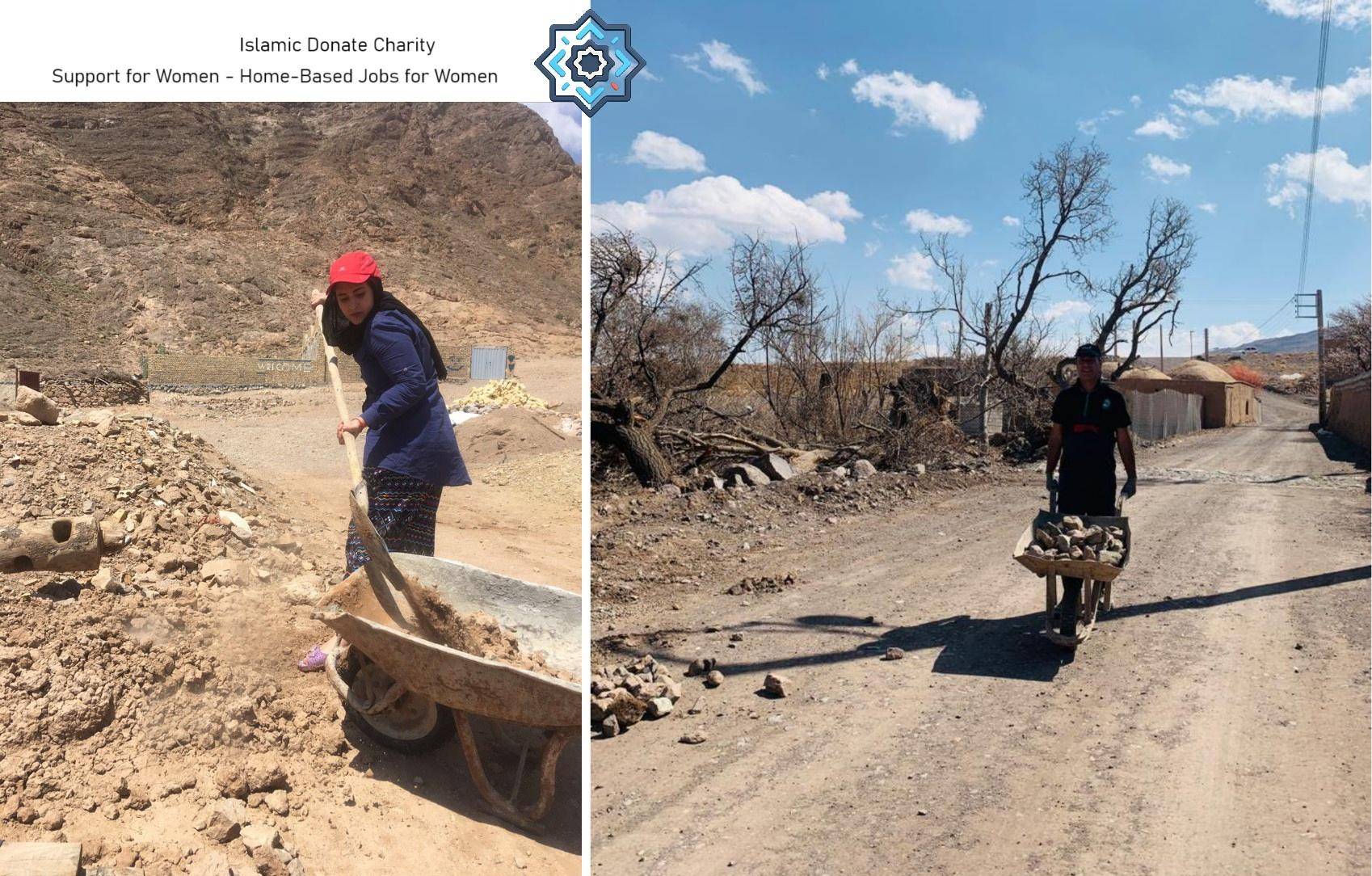 Woman using a shovel and wheelbarrow to move dirt, with a man in the background pushing a wheelbarrow full of rocks. Support for women's home-based jobs powered by SOL donations for Islamic charity.