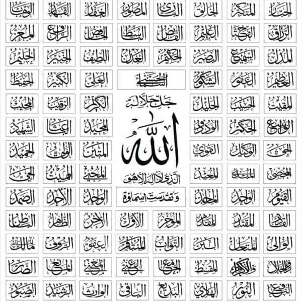 Islamic charity values based on the 99 names of Allah (Asma ul Husna), reflecting justice, trustworthiness, and forgiveness, supported by ETH donations.