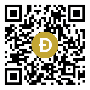 QR code with a gold circle containing the Dogecoin logo, facilitating anonymous crypto donations for Islamic relief.