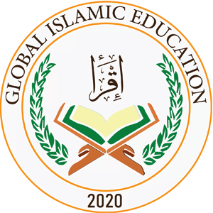 Logo for Global Islamic Education, featuring an open book on a stand with Arabic script above, surrounded by laurel branches. The text around the circle reads "GLOBAL ISLAMIC EDUCATION" and "2020."