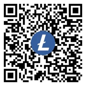 QR code for anonymous crypto donations, featuring the Litecoin logo. Supports safe and fast charitable giving.