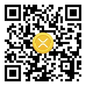 A QR code with a gold coin featuring the Ripple (XRP) logo overlaid. This indicates a crypto donation option, facilitating secure and anonymous giving via XRP.