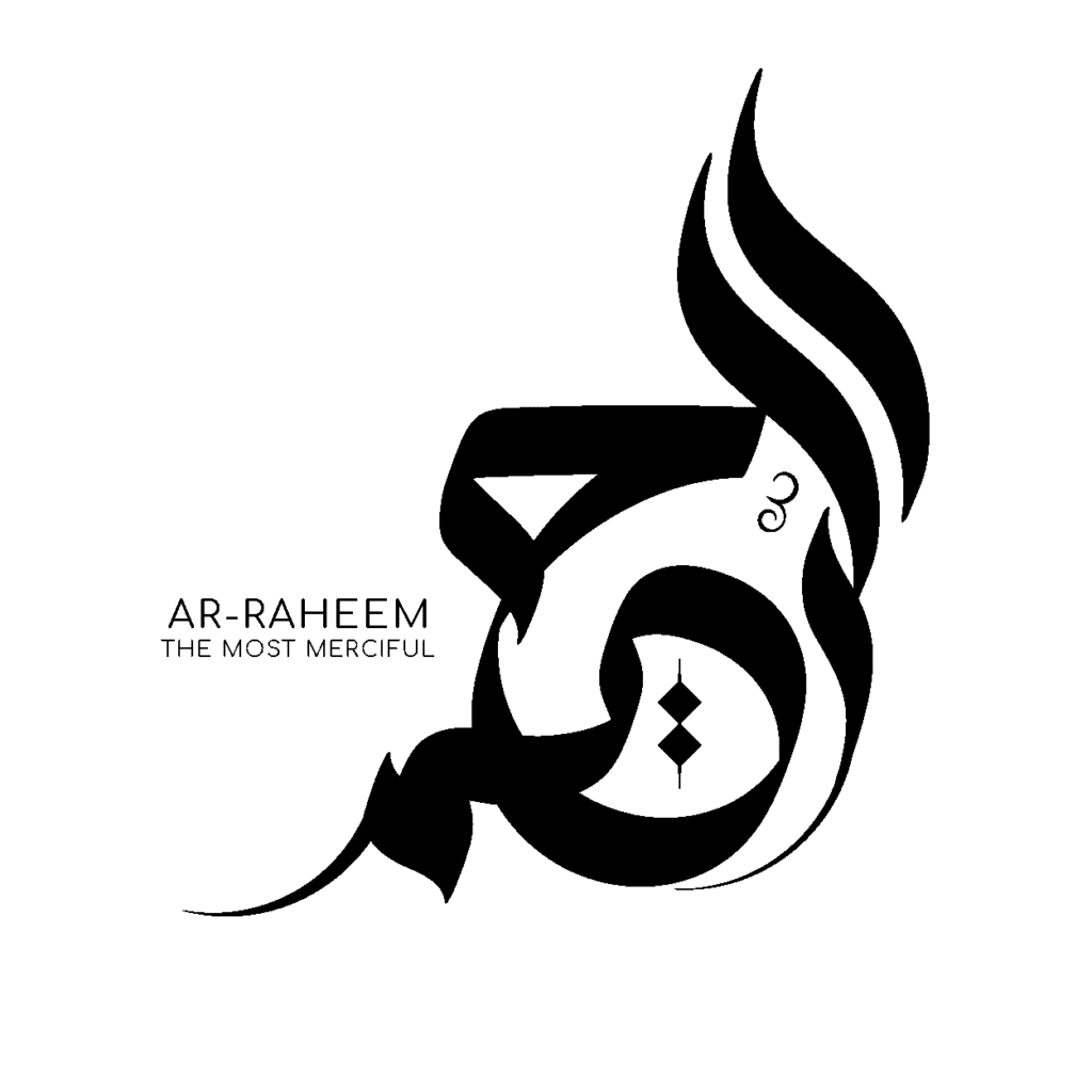 Arabic calligraphy for Ar-Raheem, meaning The Most Merciful, with donation text. Supports crypto donations via ETH.