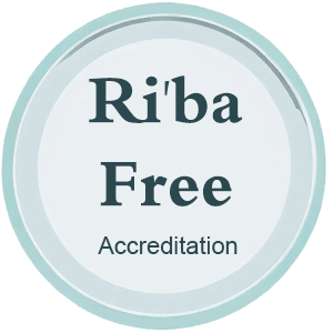 Riba Free Accreditation logo, a circular badge indicating financial services that are free from interest-based transactions, supported by secure cryptocurrency donations.