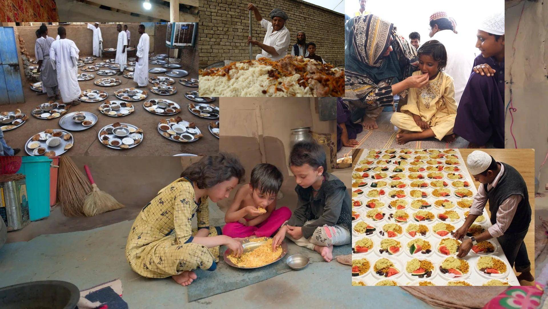 Groups of people preparing and sharing iftar meals, showcasing crypto kindness impacting global communities. ETH-supported Ramadan charity feeds the needy, embodying faith and generosity.