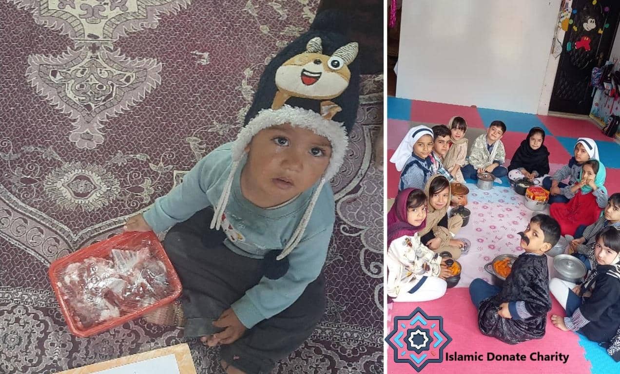 An infant wearing a fuzzy hat sits with a tray of raw meat, while a group of children eat together, symbolizing charity facilitated by BTC donations for Aqiqah Qurbani for newborn.