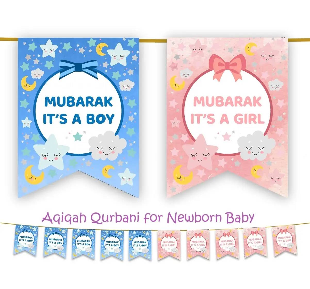 Aqiqah Qurbani for Newborn Baby banner with blue "MUBARAK IT'S A BOY" and pink "MUBARAK IT'S A GIRL" designs, celebrating new arrivals with crypto donations made via BTC.
