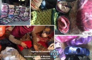 Stacks of blankets and clothes being organized for donation to Palestine. Donations are accepted via crypto, supporting relief efforts with PYUSD.