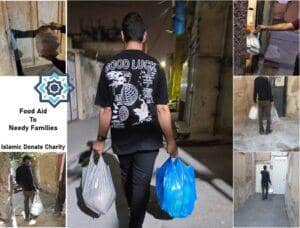 Person delivering food aid to needy families, with donations handled via SOL.