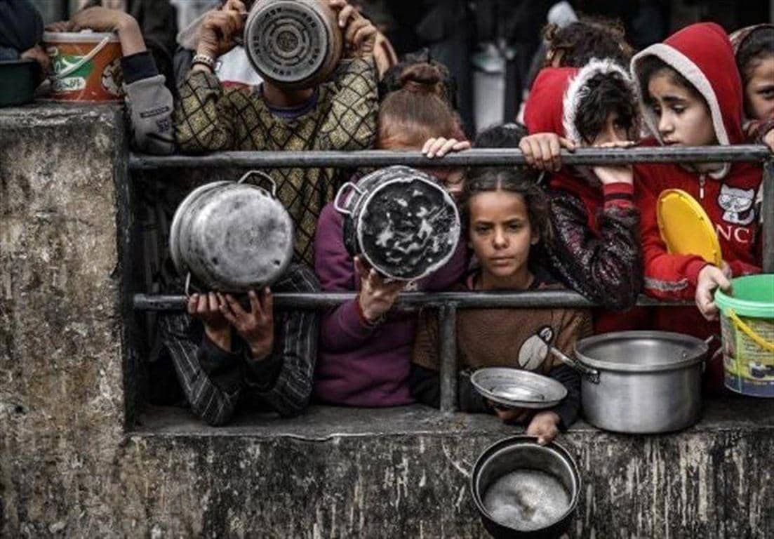 Children holding empty pots and containers, waiting for food, symbolizing need and hunger, supported by crypto donations like ETH.