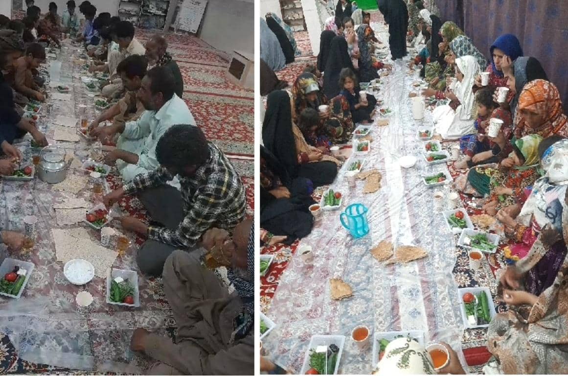 Men and women sitting on the floor, sharing a meal, likely a Kaffarah donation, with food distributed in containers, implying crypto Kaffarah payment in SOL.