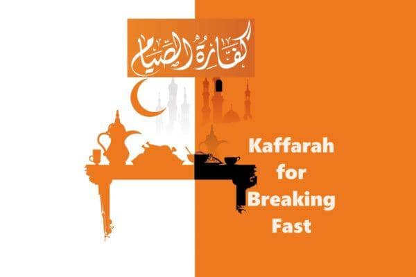 Kaffarah for breaking fast, with Arabic calligraphy, Islamic crescent, minarets, and depictions of food and coffee pots, indicating crypto donation fulfillment for Ramadan obligations using ETH.