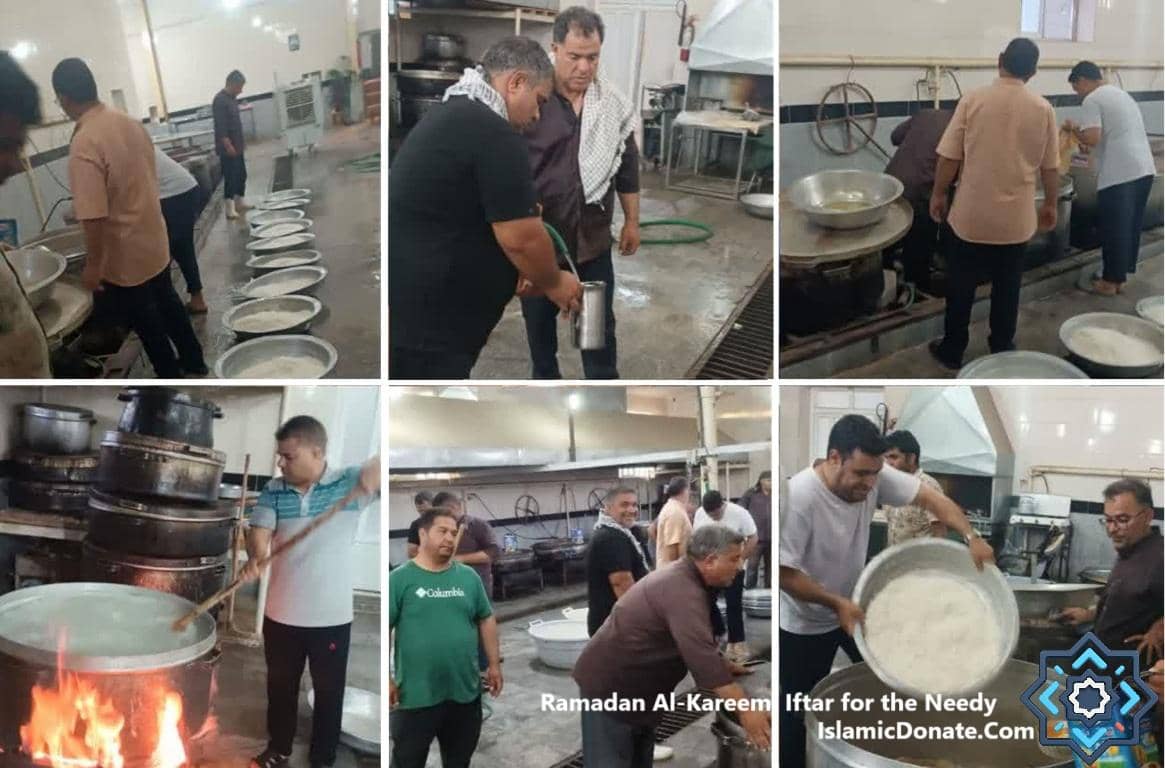 Group of individuals preparing and distributing Iftar meals in a communal kitchen, symbolizing Ramadan charity and generosity. Donation process facilitated by crypto, potentially using USDT.