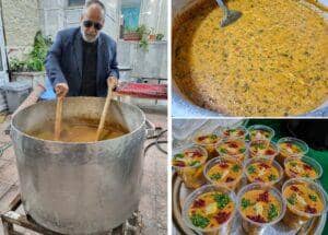 Man stirring large pot of soup, with individual servings of food in cups. Crypto donations provide Iftar meals, fostering generosity and compassion in the Muslim community, with aid delivered via Bitcoin.