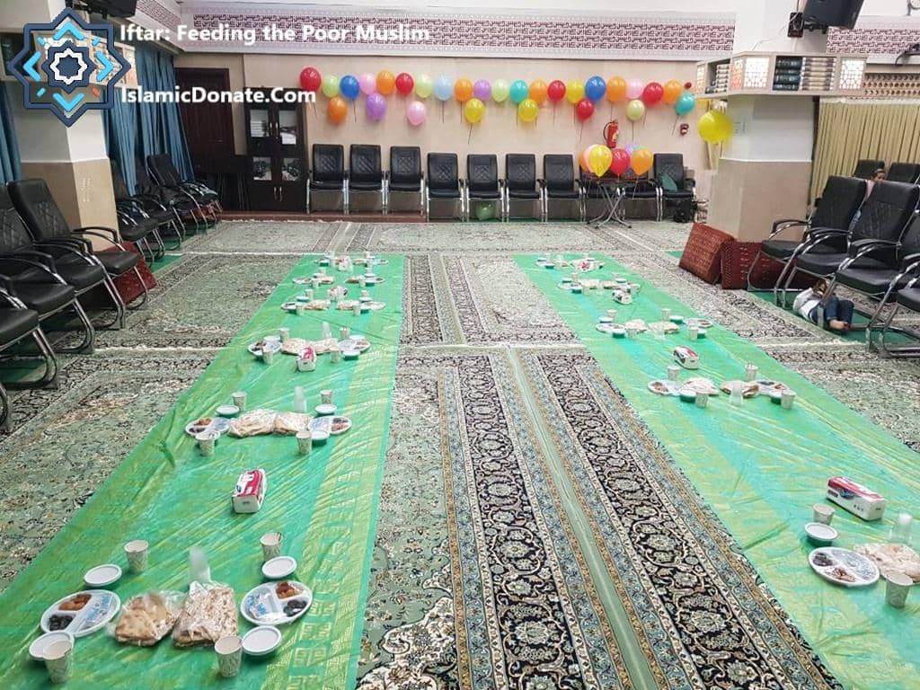 Tables set for Iftar with food and drinks, implying crypto donations for Ramadan 2026, enabled by ETH, support for Muslim community and needy.