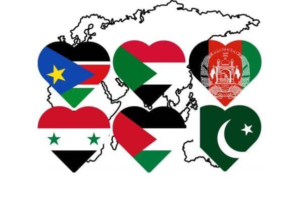 Map of the Middle East and Africa with heart shapes superimposed, each heart displaying the flag of a different country: South Sudan, Sudan, Afghanistan, Syria, Palestine, and Pakistan. Supports crypto donations such as BTC.