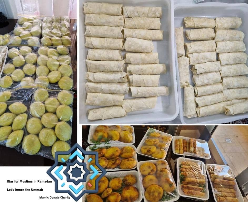 Ramadan Iftar packages of spring rolls and date balls prepared for crypto donations to Muslims in need.Donate with USDT for Iftar.