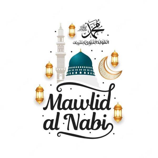 Mawlid al Nabi celebration graphic featuring a mosque dome, minaret, crescent moon, and lanterns, inviting crypto donations like BTC for charitable giving.