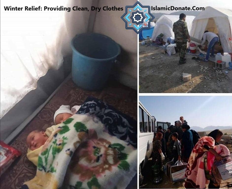 Winter relief donation of warm clothes and blankets provided via cryptocurrency like BTC to vulnerable families in need.