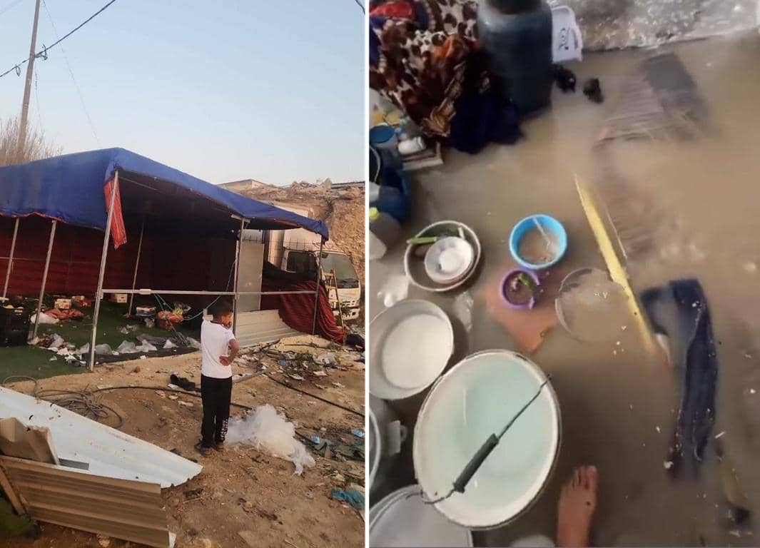 A child stands near a damaged tent shelter. A second panel shows a flooded interior with scattered belongings. Crypto donation supports Winter Relief 2026, providing aid like warm clothing and shelter materials in conflict zones, facilitated by BTC.