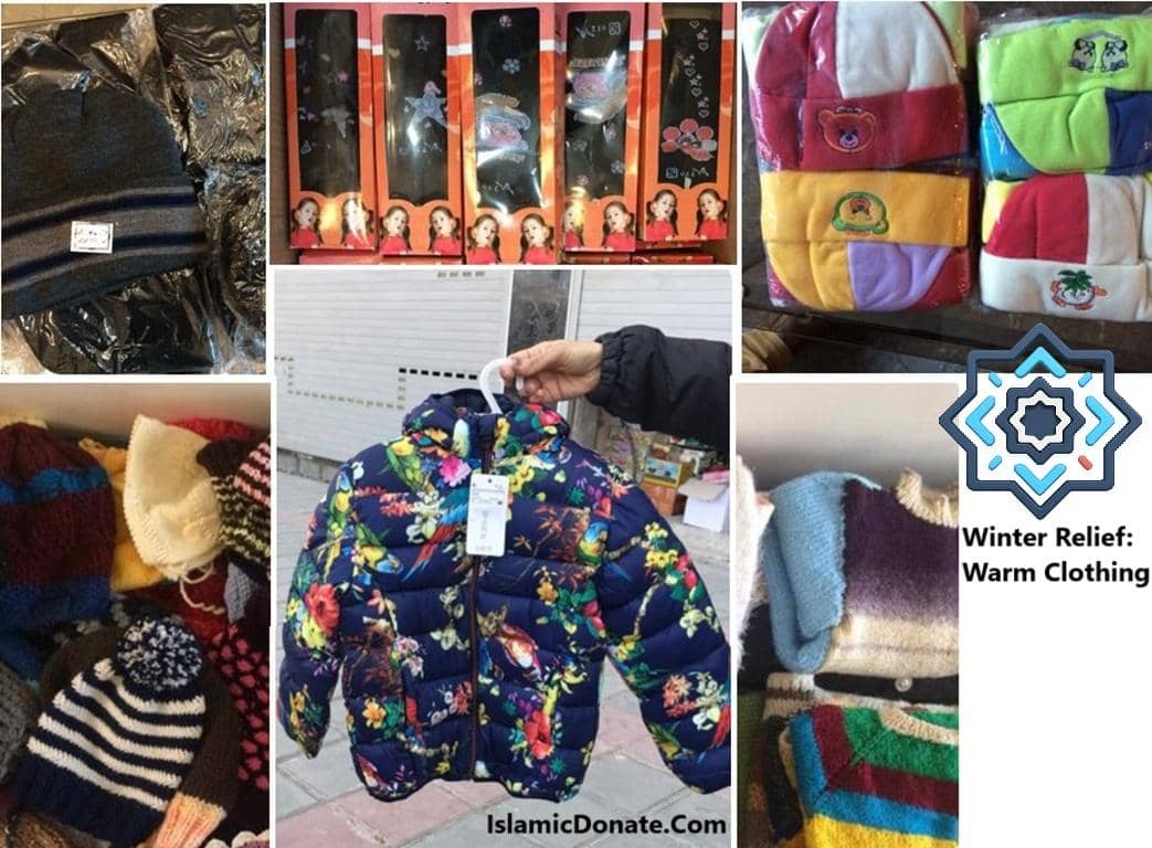 Collage of winter clothing items including hats, socks, and a child's puffer jacket, representing crypto donation for winter relief, supported by ETH.