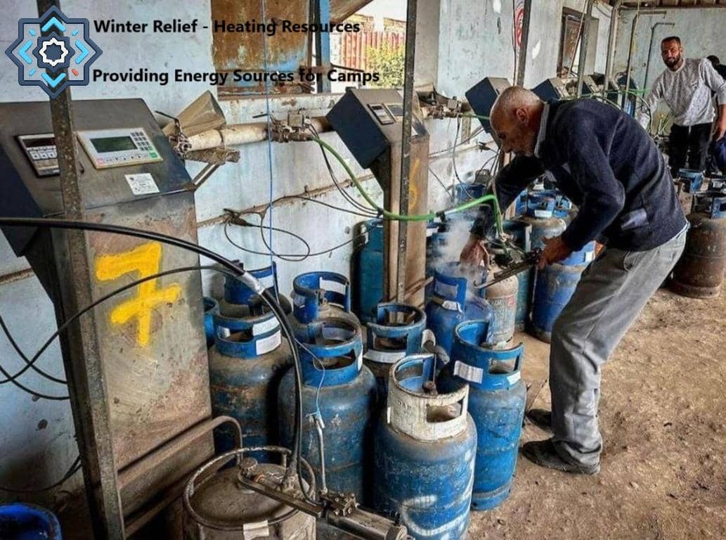Man filling gas cylinders for winter relief heating resources, crypto donation provides energy for camps with ETH.