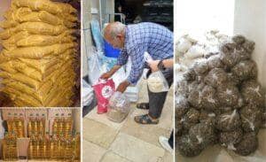 Donation of food supplies, flour bags, and cooking oil for Gaza, supported by crypto donations via USDC.