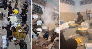 Volunteers preparing and packaging large quantities of food for distribution, including rice and stews, with crypto donations via BTC supporting this charitable effort.