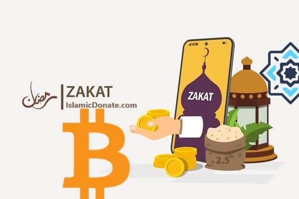 Zakat donation in Ramadan facilitated by crypto, featuring a Bitcoin symbol, coins, and a mobile app for giving. Features Islamic motifs like lanterns and mosque silhouettes.