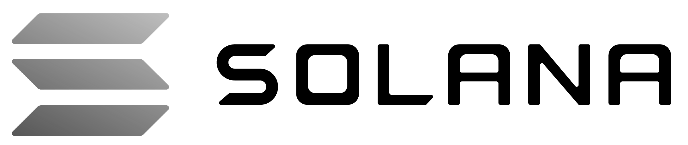 The Solana logo in black, with three gray horizontal bars ascending on the left. This visually represents blockchain technology for enabling crypto donations.