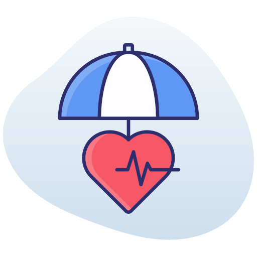 Stylized heart with a heartbeat line under a protective umbrella, symbolizing health and aid, with donations processed via SOL.