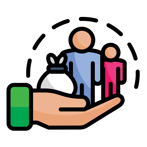 Hand holding a bag of money, giving to a group of people, supported by community. Donate with XRP.