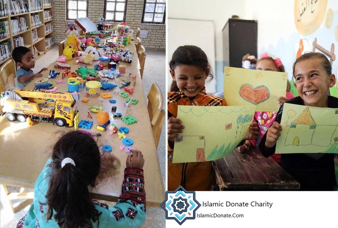 Children playing with toys in a library and showing drawings, with aid facilitated by USDT donation.