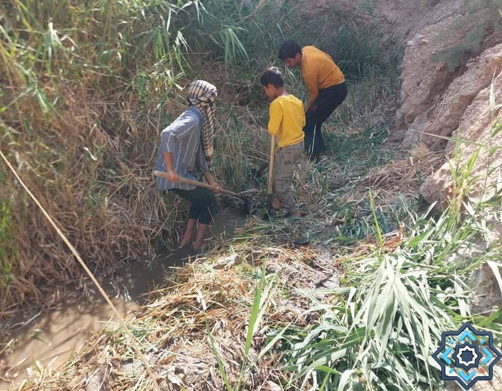 Three people clearing reeds and mud from a water channel, contributing to a water infrastructure project funded by crypto, providing sadaqah jariyah and essential resources for the Muslim community.