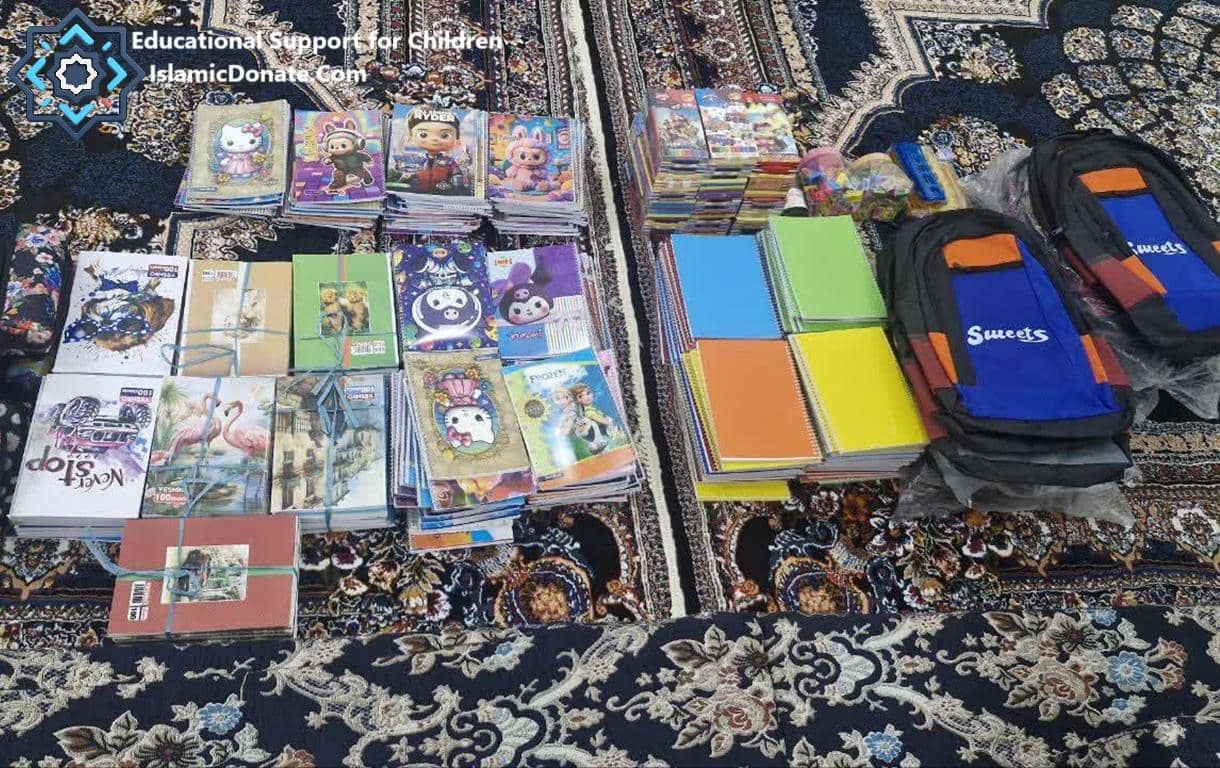 Stacks of school supplies including notebooks and backpacks, ready for educational support in Asia and Africa, made possible by crypto donations like BTC.