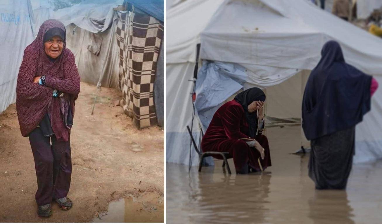 Gaza winter crisis: An elderly woman wrapped in a shawl stands in a muddy camp. Another woman sobs in flooding, evoking the urgent need for crypto donations to provide aid and shelter.